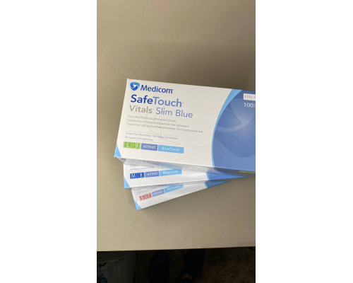 Рукавички медичні оглядові текстуровані без пудри нестерильні SafeTouch, 100шт. блакитний нітрил 1193N-A Medicom XS,уп