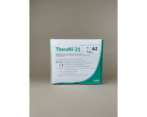 Therafil-21 (терафіл) матеріал композиційний пломбувальний, набір (основна паста 15г, каталізаторна паста 15г, основа адгезива 3г, каталізатор адгезива 3г, гель труючий 2*2.8г, шпателі 25шт, пензлик 5шт, канюлі 3шт, змішувальний блокнот) 1401 LaTus A2,уп
