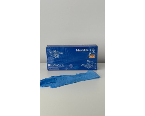 Рукавички медичні NitryPlus Light оглядові нестерильні без пудри, 100шт. (50пар), синій нітрил 080104 MediPlus XSупаковка